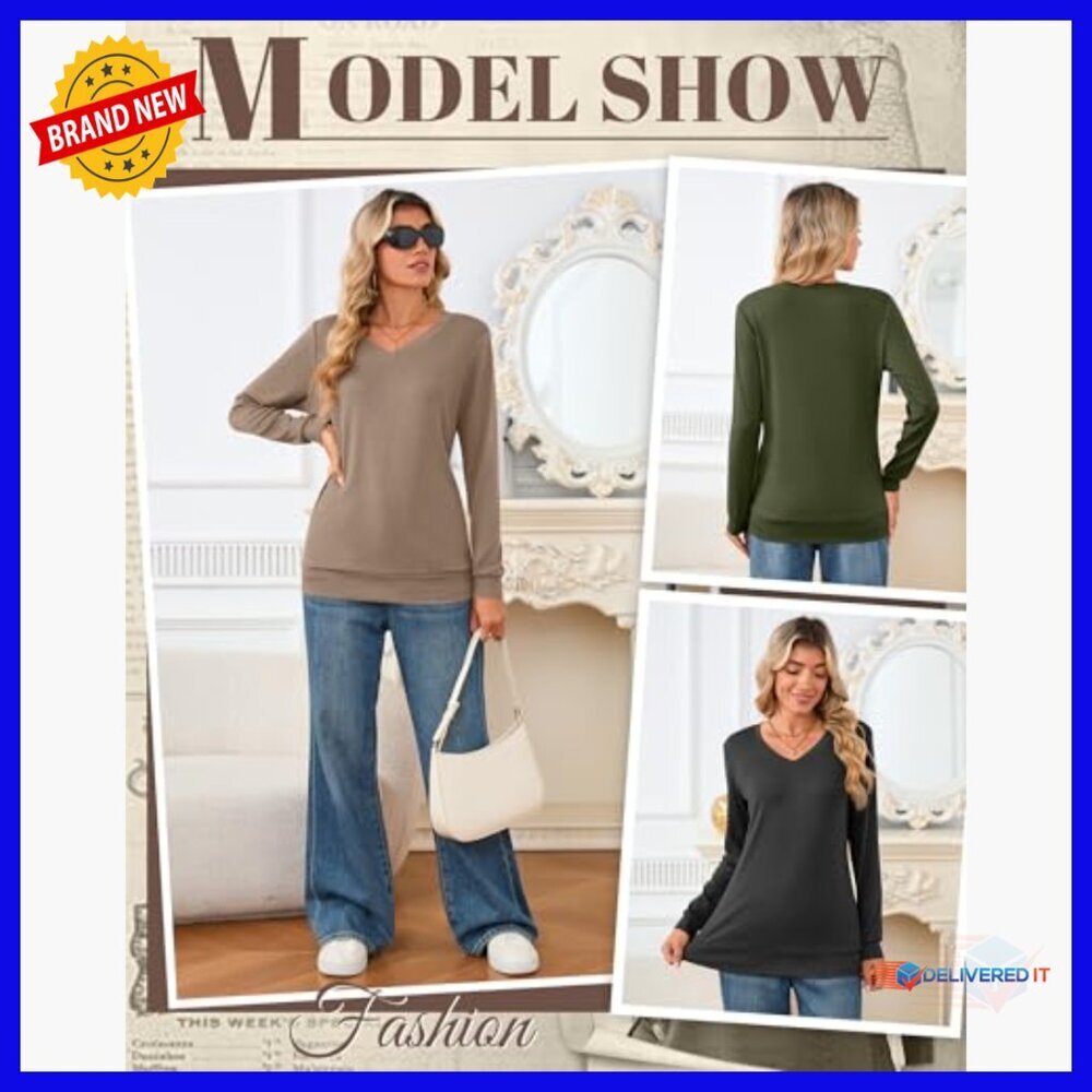 3 Pack Long Sleeve V-Neck Sweatshirts Cotton Loose Fit Casual Tops - Picture 2 of 6